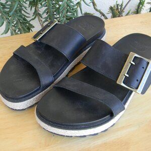 SOREL Women Leather Sandals Size 7 Black Pre-Owned Jute Accent